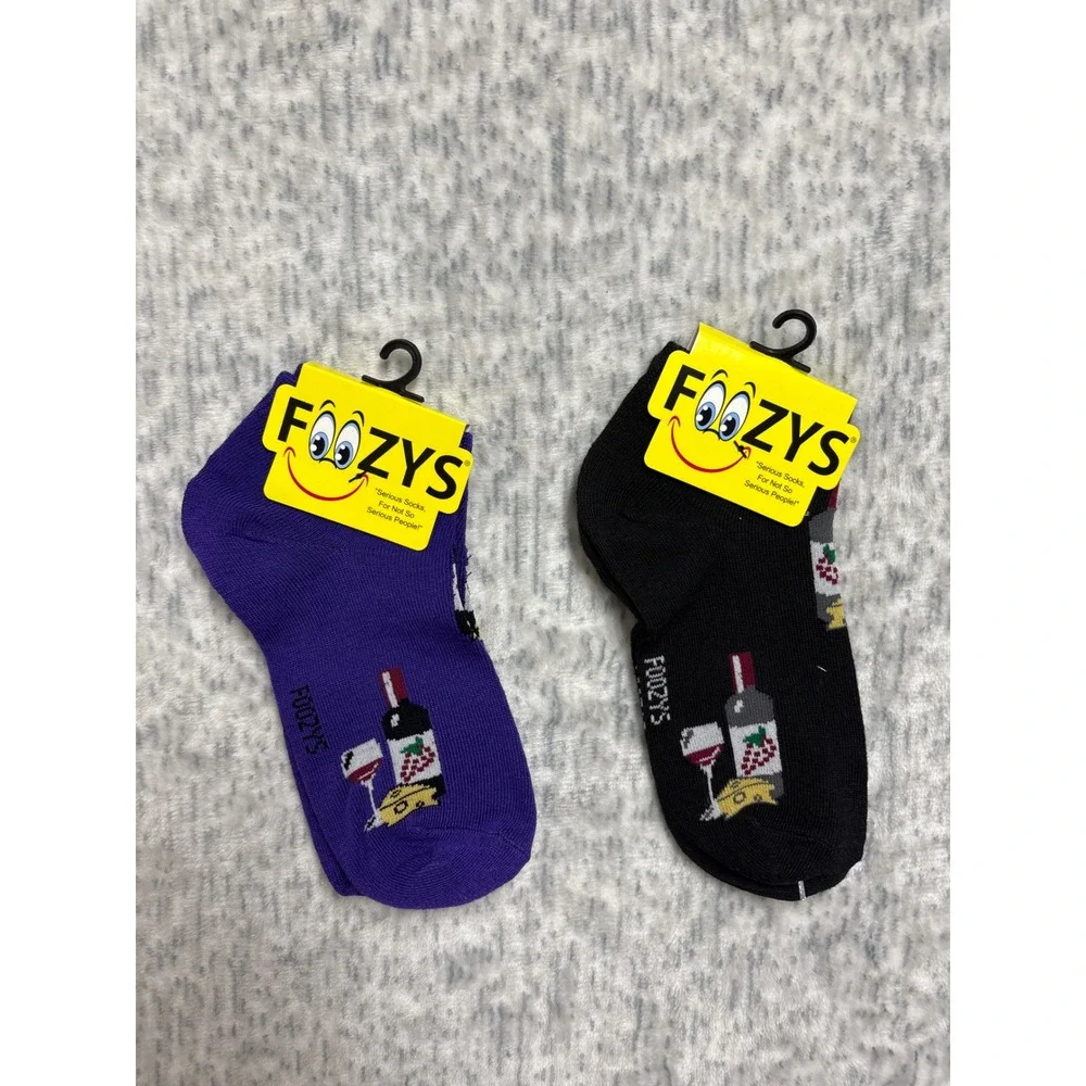 Foozys Wine and Cheese Novelty Ankle Socks 2 Pair Bundle‎ Purple Black Size 9-11
